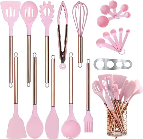 Arquiel Küchenhelfer Set Silikon, 22-teiliges Küchenutensilien Set mit Edelstahlgriff, Kochgeschirr Set mit Utensilienhalter, Messlöffelsets Küchenset (Rosa und Gold) von Arquiel