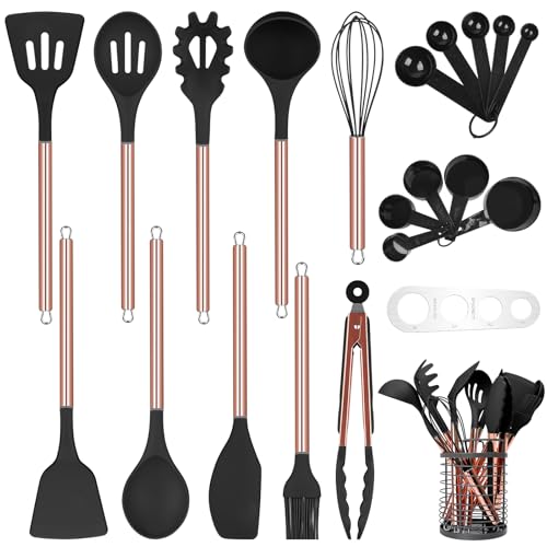 Arquiel Küchenhelfer Set Silikon, 22-teiliges Küchenutensilien Set mit Edelstahlgriff, Kochgeschirr Set mit Utensilienhalter, Messlöffelsets Küchenset (Schwarz und Gold) von Arquiel