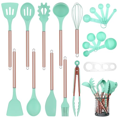 Arquiel Küchenhelfer Set Silikon, 22-teiliges Küchenutensilien Set mit Edelstahlgriff, Kochgeschirr Set mit Utensilienhalter, Messlöffelsets Küchenset (mintgrün und Gold) von Arquiel