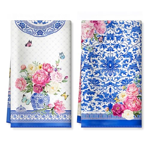 Arquiel Küchentücher 2 Stück, Geschirrtücher Weiche 100% Microfaser Blaue und weiße Porzellan Blumen Küchenhandtuch Set Super Saugstarke Dick Hochwertige Trockentuch Bar Handtücher 40 x 60CM von Arquiel