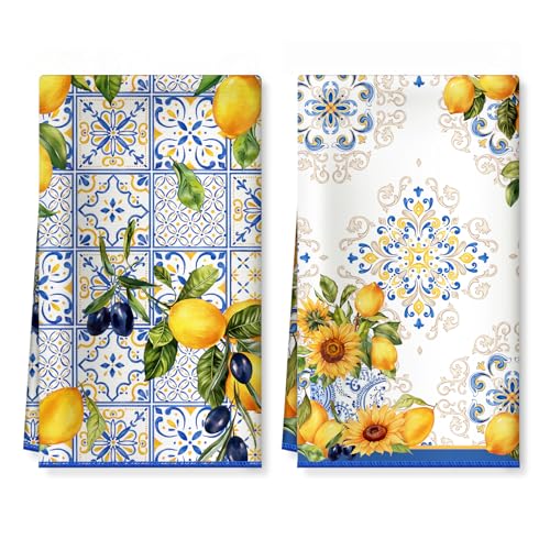 Arquiel Küchentücher 2 Stück, Geschirrtücher Weiche 100% Microfaser Zitrone Küchenhandtuch Set Super Saugstarke Dick Hochwertige Küche Trockentuch Bar Handtücher Frühling Sommer 40 x 60CM von Arquiel