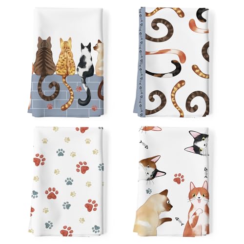 Arquiel Küchentücher Baumwolle 4 Stück, Geschirrtücher 100% Baumwolle Cartoon Katze Küchenhandtuch Set Multi-Purpose Hochwertige Küche Trockentuch Bar Handtücher 48 x 70CM von Arquiel