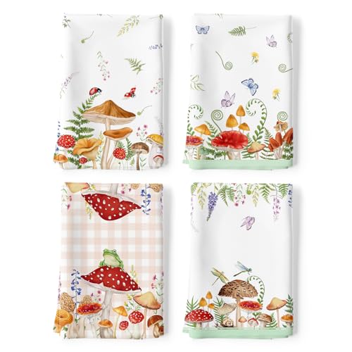 Arquiel Küchentücher Baumwolle 4 Stück, Geschirrtücher 100% Baumwolle Pilz Küchenhandtuch Set Multi-Purpose Hochwertige Küche Trockentuch Bar Handtücher 48 x 70CM von Arquiel