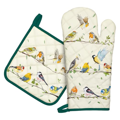 Arquiel Ofenhandschuh und Topflappen 2er Set, 100% Baumwolle Kochhandschuhe, Hitzebeständiger Küchenhandschuh Zum Kochen Backen Grillen Geschenk,Birdie von Arquiel