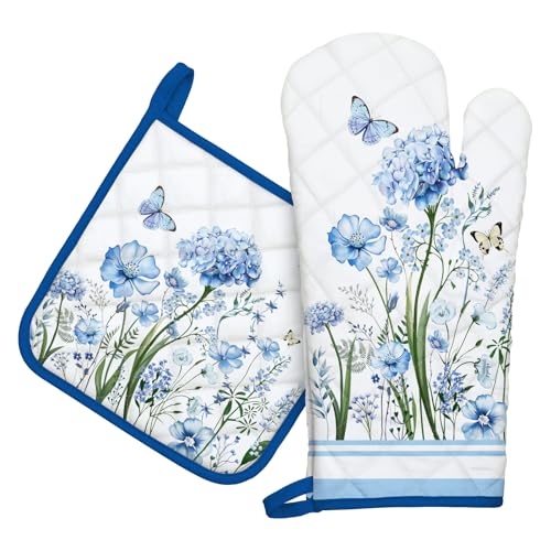 Arquiel Ofenhandschuh und Topflappen 2er Set, 100% Baumwolle Kochhandschuhe, Hitzebeständiger Küchenhandschuh Zum Kochen Backen Grillen Geschenk,Blaue Wildblumen von Arquiel