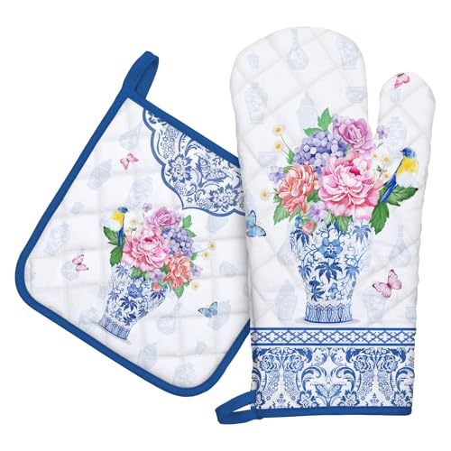 Arquiel Ofenhandschuh und Topflappen 2er Set, 100% Baumwolle Kochhandschuhe, Hitzebeständiger Küchenhandschuh Zum Kochen Backen Grillen Geschenk,Blaues und weißes Porzellan von Arquiel