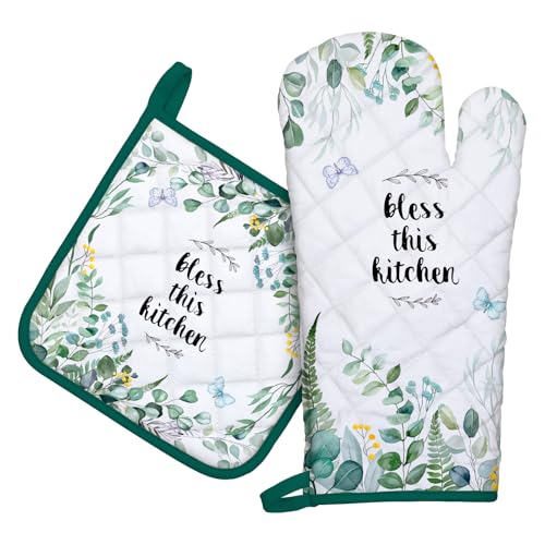 Arquiel Ofenhandschuh und Topflappen 2er Set, 100% Baumwolle Kochhandschuhe, Hitzebeständiger Küchenhandschuh Zum Kochen Backen Grillen Geschenk,Eukalyptusblätter von Arquiel