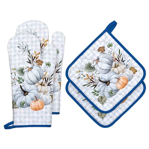 Arquiel Ofenhandschuh und Topflappen 2er Set, 100% Baumwolle Kochhandschuhe, Hitzebeständiger Küchenhandschuh Zum Kochen Backen Grillen Geschenk,Herbstblauer Kürbis von Arquiel