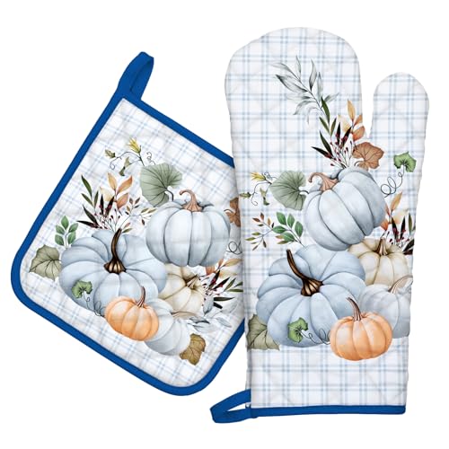 Arquiel Ofenhandschuh und Topflappen 2er Set, 100% Baumwolle Kochhandschuhe, Hitzebeständiger Küchenhandschuh Zum Kochen Backen Grillen Geschenk,Herbstblauer Kürbis von Arquiel