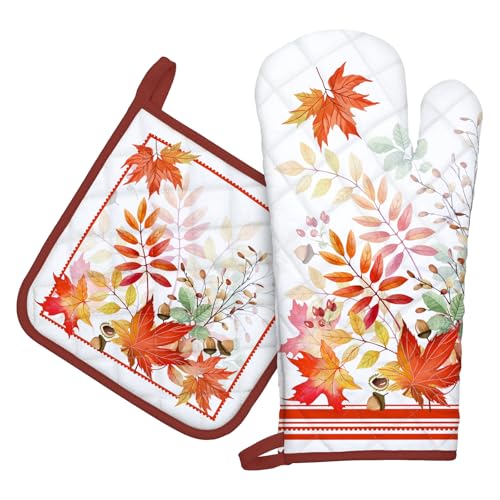 Arquiel Ofenhandschuh und Topflappen 2er Set, 100% Baumwolle Kochhandschuhe, Hitzebeständiger Küchenhandschuh Zum Kochen Backen Grillen Geschenk,Herbstliche Ahornblätter von Arquiel