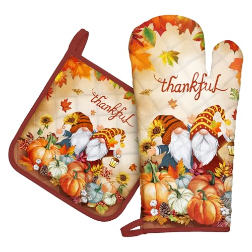 Arquiel Ofenhandschuh und Topflappen 2er Set, 100% Baumwolle Kochhandschuhe, Hitzebeständiger Küchenhandschuh Zum Kochen Backen Grillen Geschenk,Herbstzwerg von Arquiel