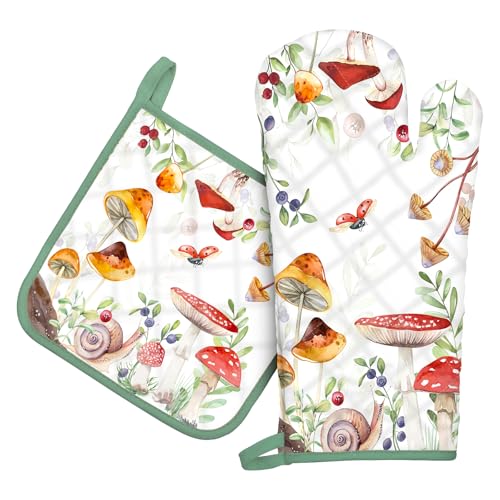 Arquiel Ofenhandschuh und Topflappen 2er Set, 100% Baumwolle Kochhandschuhe, Hitzebeständiger Küchenhandschuh Zum Kochen Backen Grillen Geschenk,Retro-Blumen und Pflanzen von Arquiel