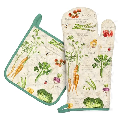 Arquiel Ofenhandschuh und Topflappen 2er Set, 100% Baumwolle Kochhandschuhe, Hitzebeständiger Küchenhandschuh Zum Kochen Backen Grillen Geschenk,Retro-Blumen und Pflanzen von Arquiel