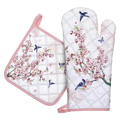 Arquiel Ofenhandschuh und Topflappen 2er Set, 100% Baumwolle Kochhandschuhe, Hitzebeständiger Küchenhandschuh Zum Kochen Backen Grillen Geschenk,Rosa Blumenzweigvogel von Arquiel