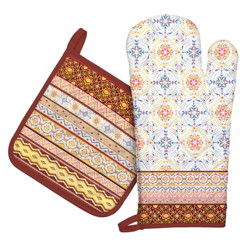 Arquiel Ofenhandschuh und Topflappen 2er Set, 100% Baumwolle Kochhandschuhe, Hitzebeständiger Küchenhandschuh Zum Kochen Backen Grillen Geschenk,Retro Geometrie Arquiel Ofenhandschuh und Topflappen 2er Set, 100% Baumwolle Kochhandschuhe, Hitzebeständiger Küchenhandschuh Zum Kochen Backen Grillen Geschenk,Retro Geometrie von Arquiel