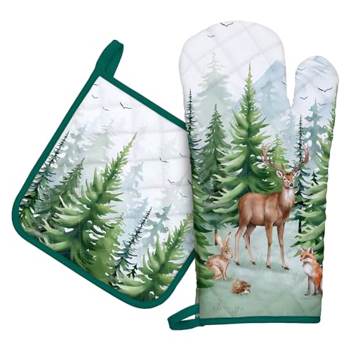 Arquiel Ofenhandschuh und Topflappen 2er Set, 100% Baumwolle Kochhandschuhe, Hitzebeständiger Küchenhandschuh Zum Kochen Backen Grillen Geschenk,Waldtiere von Arquiel