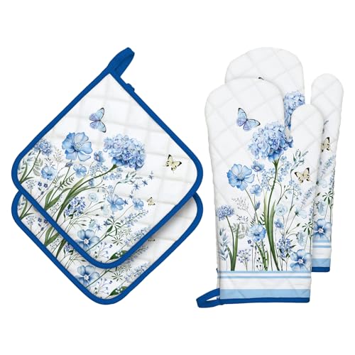 Arquiel Ofenhandschuh und Topflappen 4er Set, 100% Baumwolle Kochhandschuhe, Hitzebeständiger Küchenhandschuh Zum Kochen Backen Grillen Geschenk,Blaue Wildblumen von Arquiel