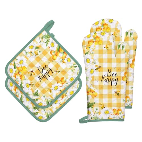 Arquiel Ofenhandschuh und Topflappen 4er Set, 100% Baumwolle Kochhandschuhe, Hitzebeständiger Küchenhandschuh Zum Kochen Backen Grillen Geschenk,Gänseblümchenbiene Arquiel Ofenhandschuh und Topflappen 4er Set, 100% Baumwolle Kochhandschuhe, Hitzebeständiger Küchenhandschuh Zum Kochen Backen Grillen Geschenk,Gänseblümchenbiene von Arquiel
