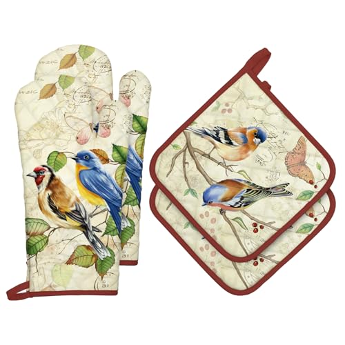 Arquiel Ofenhandschuh und Topflappen 4er Set, 100% Baumwolle Kochhandschuhe, Hitzebeständiger Küchenhandschuh Zum Kochen Backen Grillen Geschenk,Retro Vogel von Arquiel