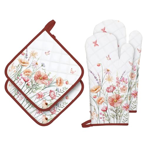 Arquiel Ofenhandschuh und Topflappen 4er Set, 100% Baumwolle Kochhandschuhe, Hitzebeständiger Küchenhandschuh Zum Kochen Backen Grillen Geschenk,Vintage-Wildblumen Arquiel Ofenhandschuh und Topflappen 4er Set, 100% Baumwolle Kochhandschuhe, Hitzebeständiger Küchenhandschuh Zum Kochen Backen Grillen Geschenk,Vintage-Wildblumen von Arquiel