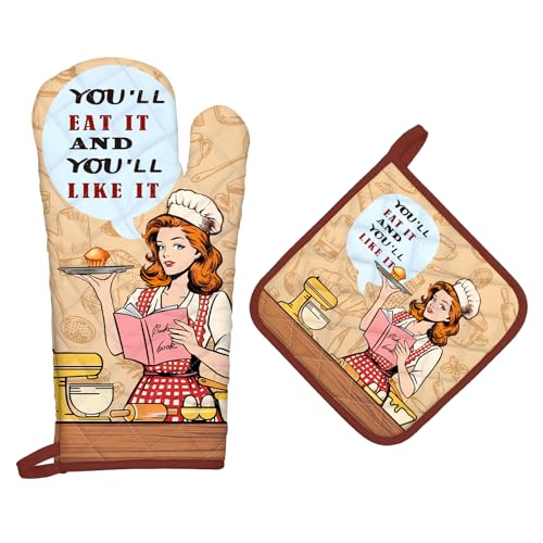Arquiel Ofenhandschuh und Topflappen Lustig 2er Set, 100% Baumwolle Kochhandschuhe, Hitzebeständiger Küchenhandschuh Zum Kochen Backen Grillen Geschenk von Arquiel