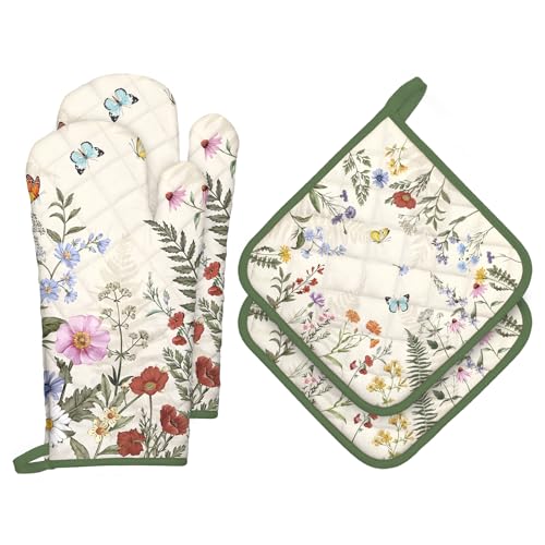 Arquiel Ofenhandschuh und Topflappen Wildblumen 4er Set, 100% Baumwolle Kochhandschuhe, Hitzebeständiger Küchenhandschuh Zum Kochen Backen Grillen Geschenk von Arquiel
