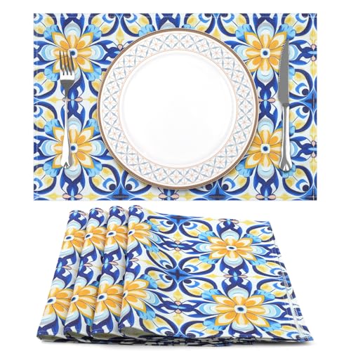 Arquiel Platzset 4er Set, Tischsets Abstrakte Kunst Malerei Blau Blume Böhmen Abwischbar Hitzebeständige Placemats Tischunterlage für Küche Esstisch Urlaub Dekors(33 * 48cm) von Arquiel