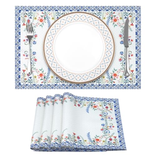 Arquiel Platzset 4er Set, Tischsets Blumen Abwischbar Blau Floral Hitzebeständige Placemats Saisonaler Küche Tisch Dekoration Urlaub Dekors und Frühling Sommer(33 * 48cm) von Arquiel