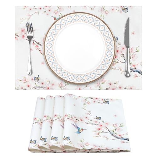 Arquiel Platzset 4er Set, TischsetsPfirsichblüte Abwischbar Kolibri Hitzebeständige Placemats Saisonaler Küche Tisch Drinnen Urlaub Dekors und Frühling Sommer(33 * 48cm) von Arquiel