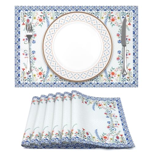 Arquiel Platzset 6er Set, Tischsets Blumen Abwischbar Blau Floral Hitzebeständige Placemats Saisonaler Küche Tisch Dekoration Urlaub Dekors und Frühling Sommer(33 * 48cm) von Arquiel