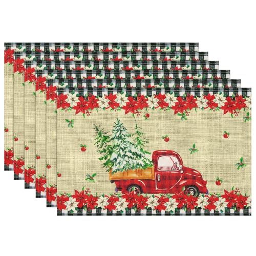 Arquiel Platzset 6er Set, Tischsets Weihnachten Rot LKW Weihnachtsbaum Abwischbar Hitzebeständige Weihnachts Placemats für Esstisch Dekoration, Feiertage (33 * 48cm) von Arquiel