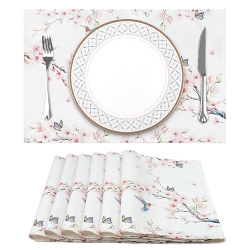 Arquiel Platzset 6er Set, TischsetsPfirsichblüte Abwischbar Kolibri Hitzebeständige Placemats Saisonaler Küche Tisch Drinnen Urlaub Dekors und Frühling Sommer(33 * 48cm) von Arquiel