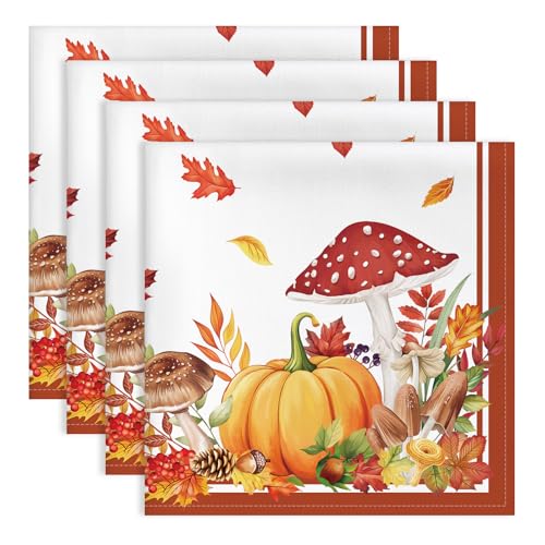 Arquiel Servietten Herbst Blätter Pilz 4er Set, Stoffservietten 100% Baumwolle Dekoratives Weiches Wiederverwendbare Esstisch Servietten für Herbst Ernte Küche Party(45×45cm) von Arquiel