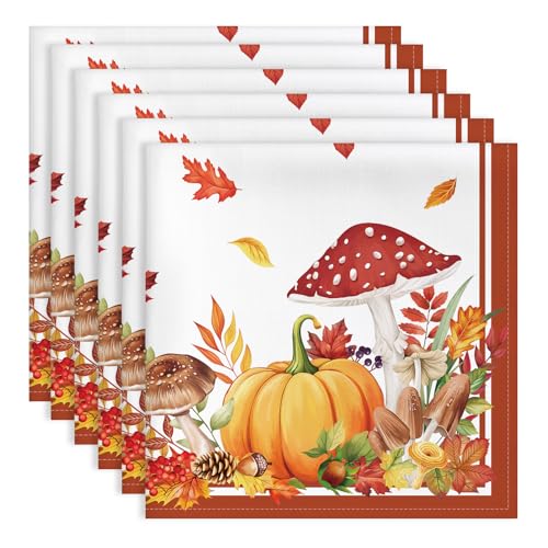 Arquiel Servietten Herbst Blätter Pilz 6er Set, Stoffservietten 100% Baumwolle Dekoratives Weiches Wiederverwendbare Esstisch Servietten für Herbst Ernte Küche Party(45×45cm) von Arquiel