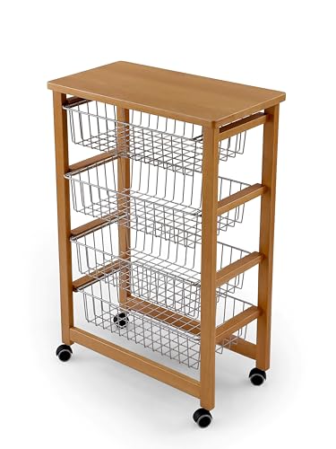 Arredamenti Italia Küchenwagen MIKON Küchenwagen Küchenwagen mit Arbeitsplatte aus massiver Buche 4 Körbe - Kirschbaum von Arredamenti Italia