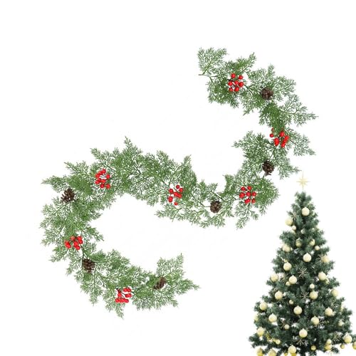 Arroopu Kieferngirlande Realistisch | Künstliche Tannengirlande Mit Zapfen Und Rote Beeren 200 cm Für Fensterbank Treppen Tisch Deko - Dekoration Für Kamin Tisch Zuhause Eingang Treppen Innenbereich von Arroopu