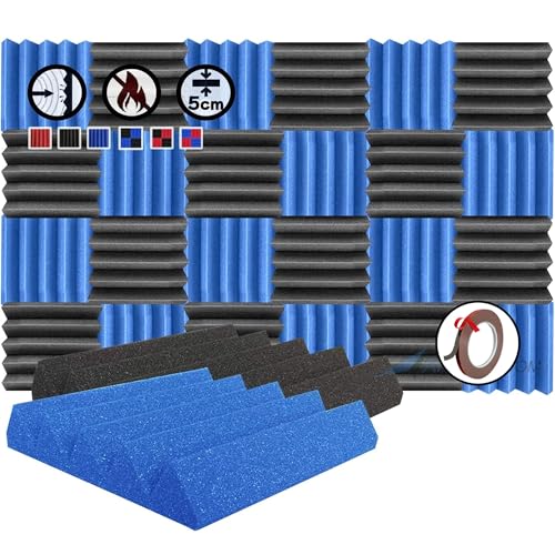 24 Stucke Akkustik Platten Akkustikschaumstoffmatten 25X 25 X 5 cm Schwarz & Blau Dammung Wanddeko Wedge Noppenschaumstoff Breitbandabsorber Feuerhemmend Tonstudio Schallabsorbierende SD1134 von Arrowzoom