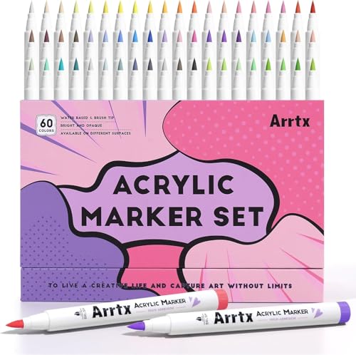 Arrtx Acrylmalstifte 60 farben, Pinselspitze Acrylstifte für Steine Wasserfest Felsmalerei, Glas, Stein, Holz, Keramik, Stoff, Leinwand, Porzellan, Metall usw von Arrtx