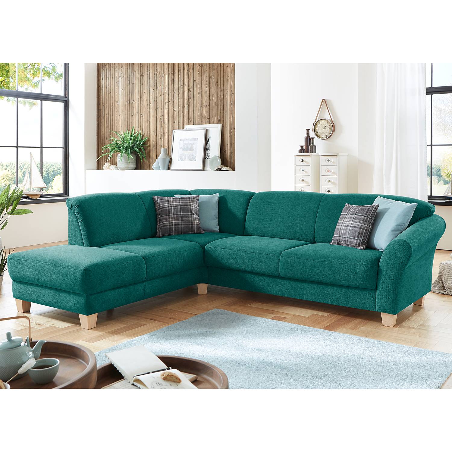home24 Ecksofa Webstoff Blau/Petrol Webstoff 257 x 84 x 212cm Ottomane davorstehend links Keine Funktion Natur home24 Ecksofa Webstoff Blau/Petrol Webstoff 257 x 84 x 212cm Ottomane davorstehend links Keine Funktion Natur von home24