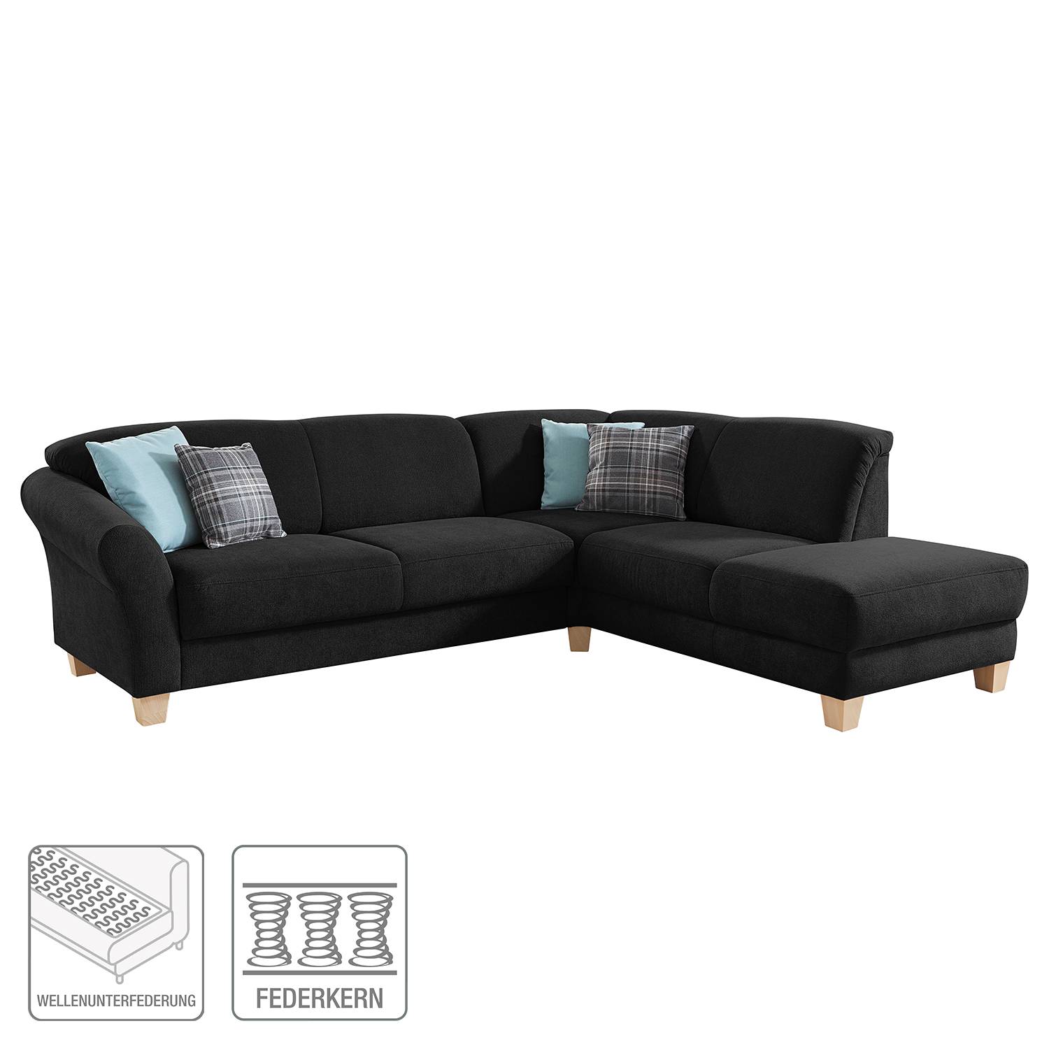 home24 Ecksofa Webstoff Schwarz/Schwarz Webstoff 257 x 84 x 212cm Ottomane davorstehend rechts Sitztiefenverstellung Natur home24 Ecksofa Webstoff Schwarz/Schwarz Webstoff 257 x 84 x 212cm Ottomane davorstehend rechts Sitztiefenverstellung Natur von home24