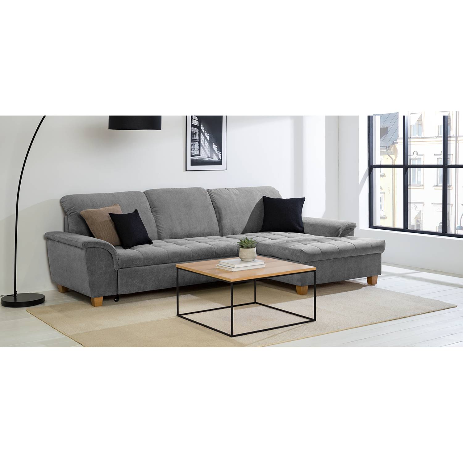 Ars Natura Ecksofa Charlo 2-Sitzer Grau Microfaser 279x81x164 cm mit Schlaffunktion und Bettkasten von Modoform