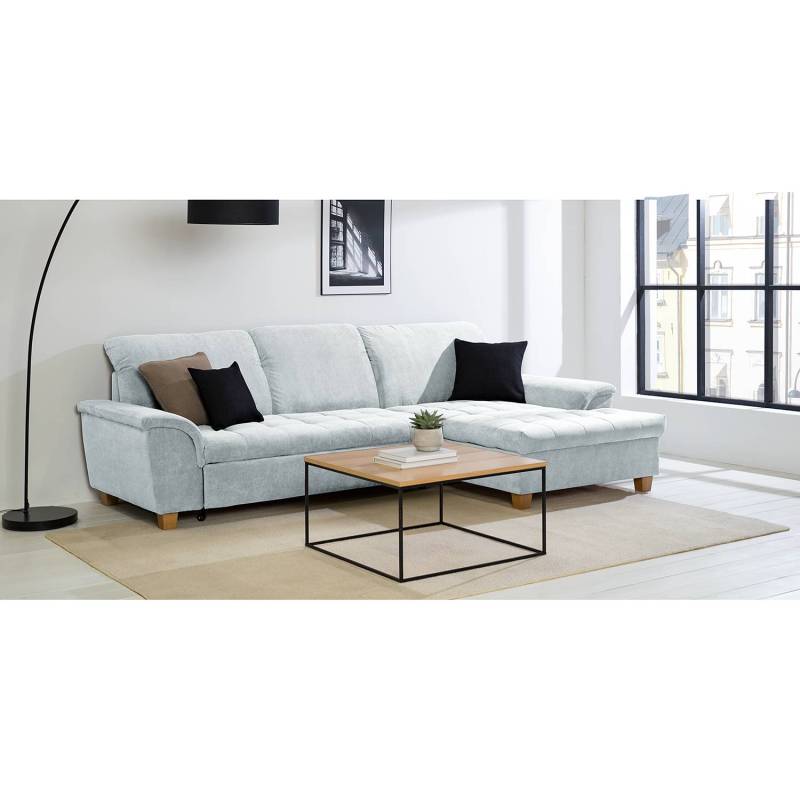 home24 Ecksofa Charlo Blau/Pastellblau Flachgewebe Soan 279 x 81 x 164cm Longchair davorstehend rechts mit Schlaffunktion Natur von home24