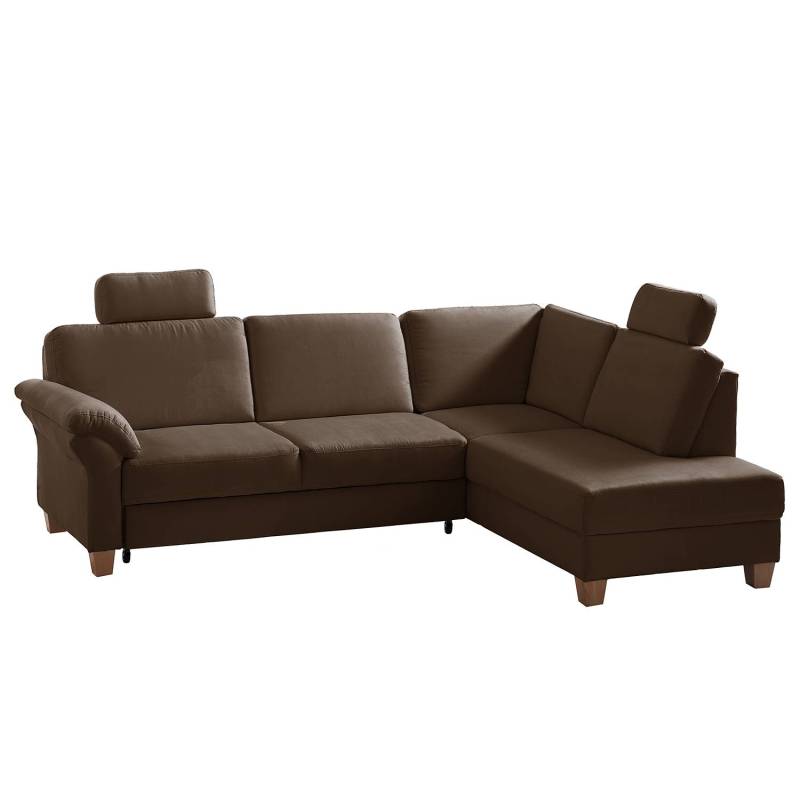 home24 Ecksofa Microfaser Braun/Braun Webstoff 249 x 87 x 189cm Ottomane davorstehend rechts mit Schlaffunktion Natur von home24