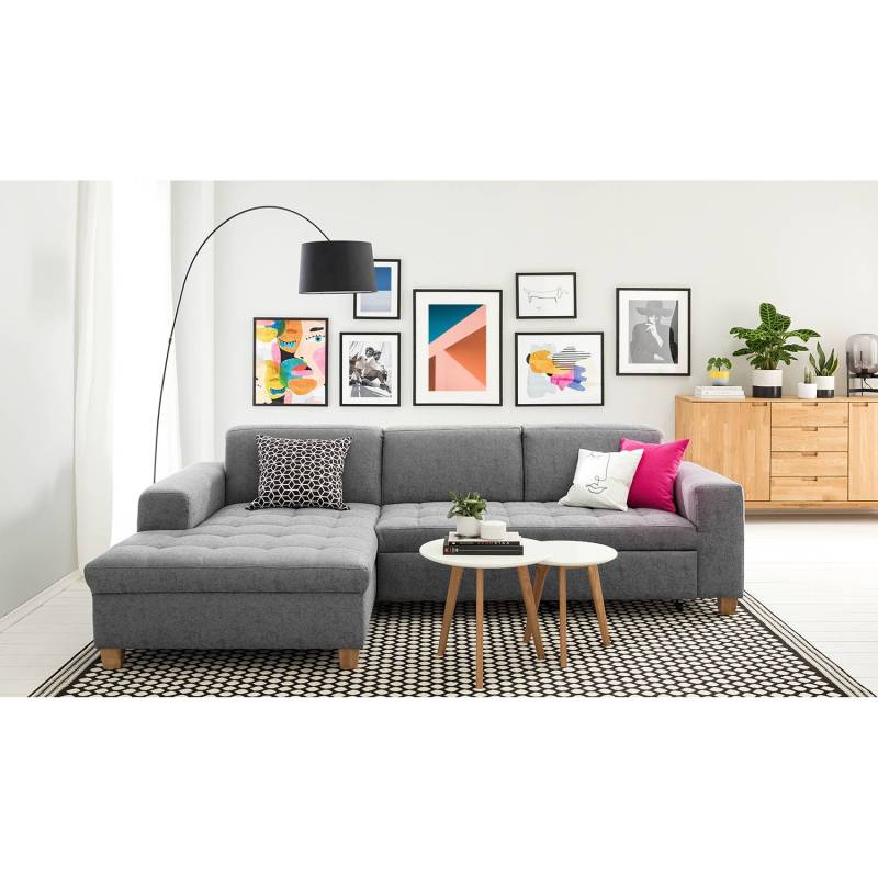 home24 Ecksofa Roblin Braun/Grau Webstoff Guro 266 x 80 x 162cm Longchair davorstehend links Schlaffunktion Natur von home24