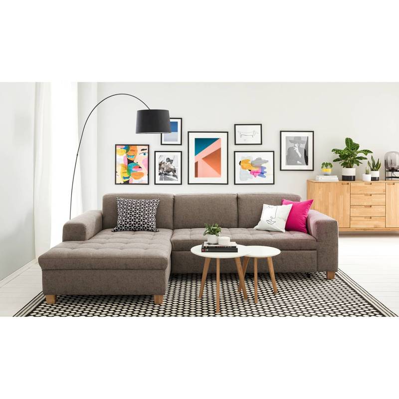 home24 Ecksofa Roblin Beige/Latte Macchiato Webstoff Guro 266 x 80 x 162cm Longchair davorstehend links Schlaffunktion Natur von home24