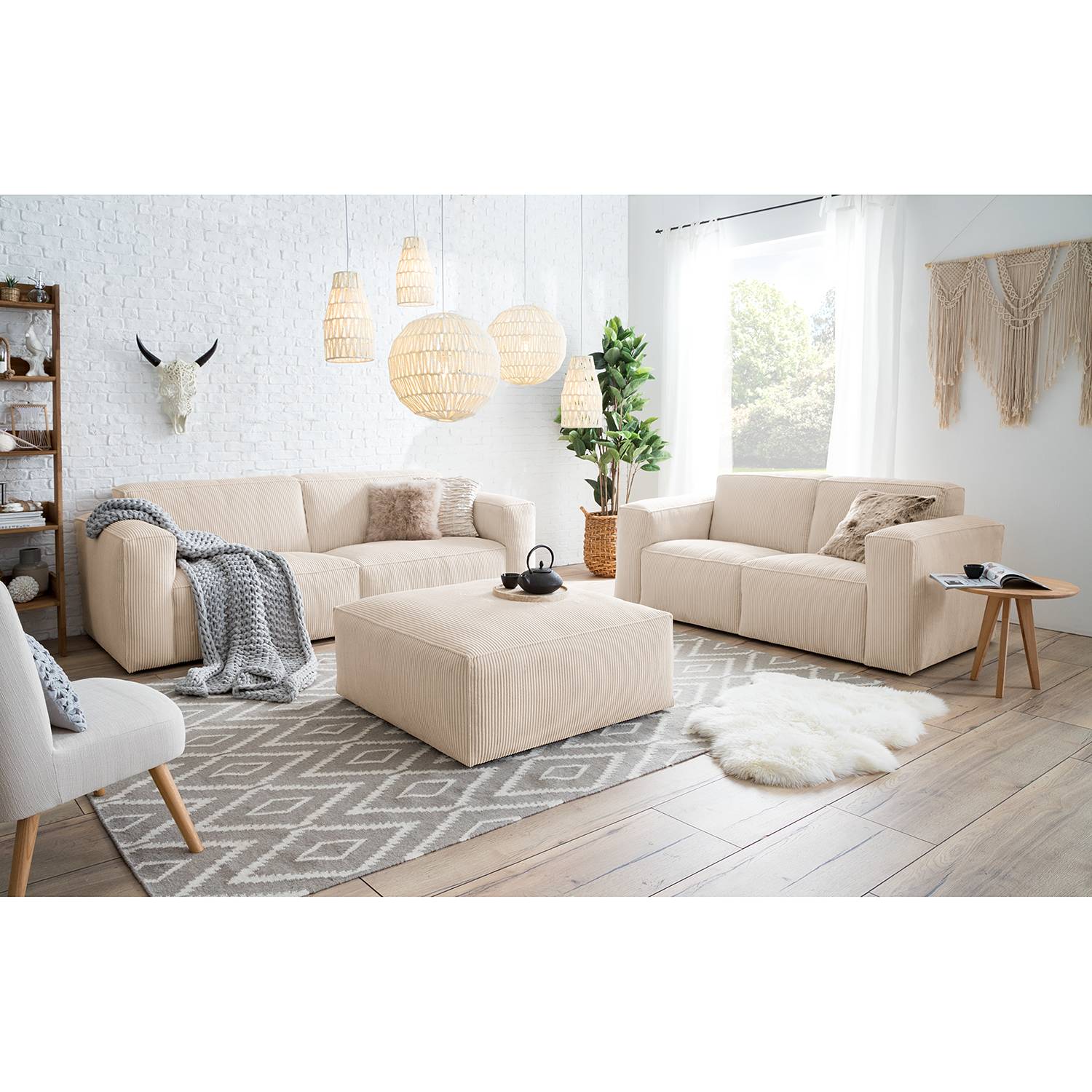 Ars Natura Polstergarnitur Loralai Creme Cord 242x75x96 cm mit Hocker von kollected