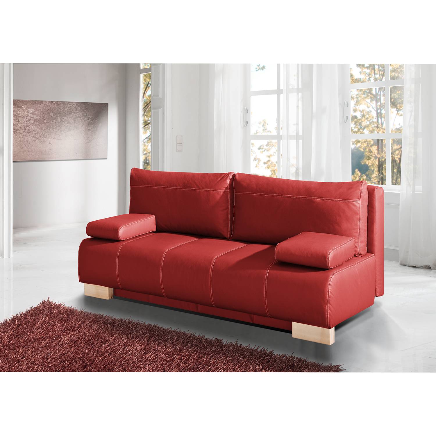 Ars Natura Schlafsofa Novato 2-Sitzer Rot Echtleder 194x86x90 cm (BxHxT) mit Schlaffunktion/Bettkasten von Modoform