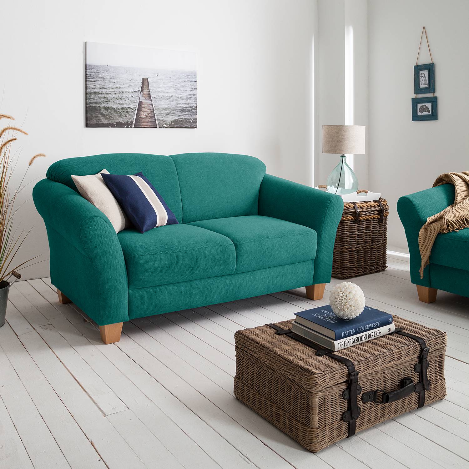 home24 Sofa 2-Sitzer Webstoff Blau/Petrol Webstoff 163 x 84 x 89cm Natur von home24