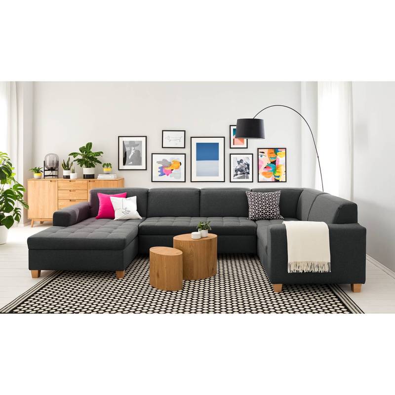 home24 Wohnlandschaft Roblin Schwarz/Anthrazit Webstoff Bona 333 x 80 x 199cm Longchair davorstehend links / Ottomane rechts Bettkasten/Schlaffunktion von home24
