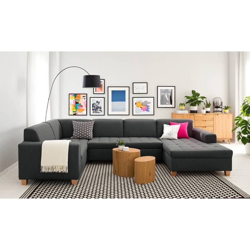 home24 Wohnlandschaft Roblin Schwarz/Anthrazit Webstoff Bona 333 x 80 x 199cm Longchair davorstehend rechts / Ottomane links Bettkasten/Schlaffunktion von home24